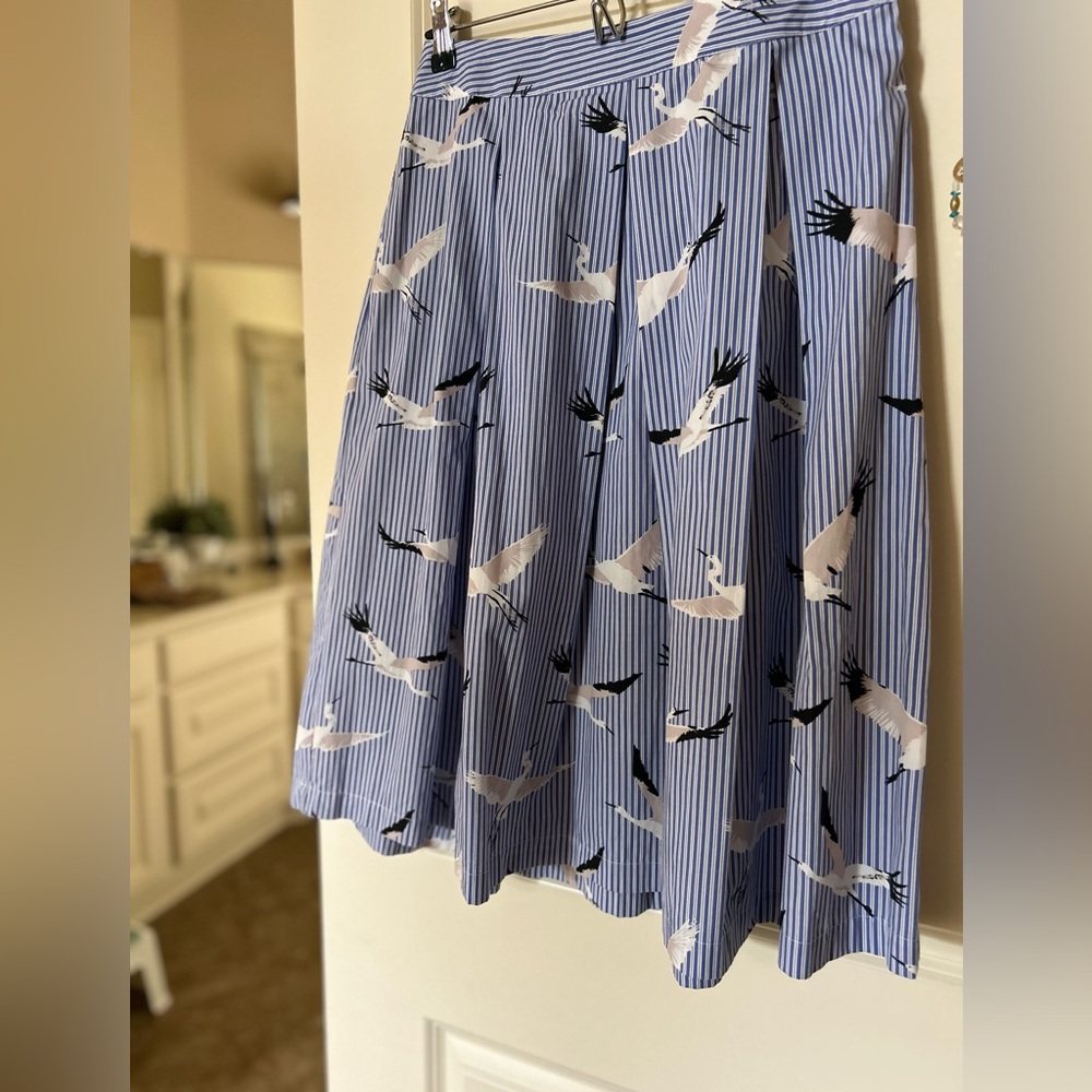 Blue Striped Skirt with Bird Print